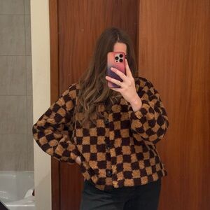 Source Unknown Brown Checkered Teddy Jacket